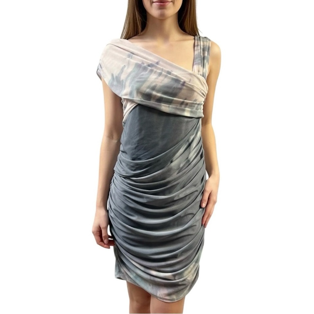 Zara Draped One-Shoulder Gray Tie-Dye Dress